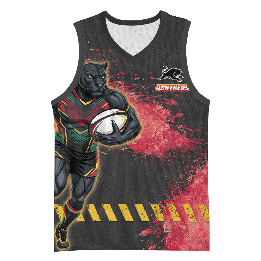 Personalised Penrith Panthers Rugby Basketball Jersey Black Panther Mascot - Sporty Splash Art Style