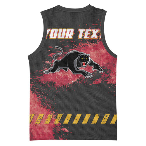 Personalised Penrith Panthers Rugby Basketball Jersey Black Panther Mascot - Sporty Splash Art Style