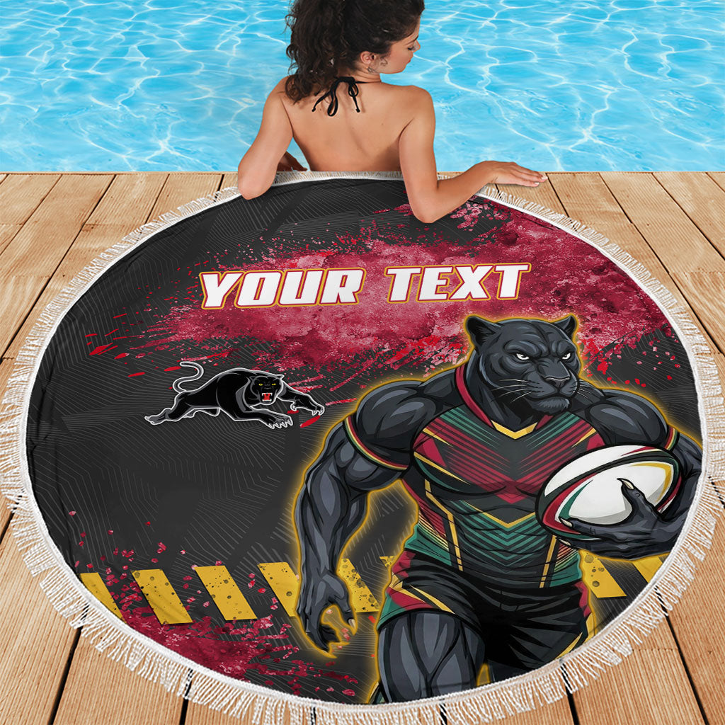 Personalised Penrith Panthers Rugby Beach Blanket Black Panther Mascot - Sporty Splash Art Style