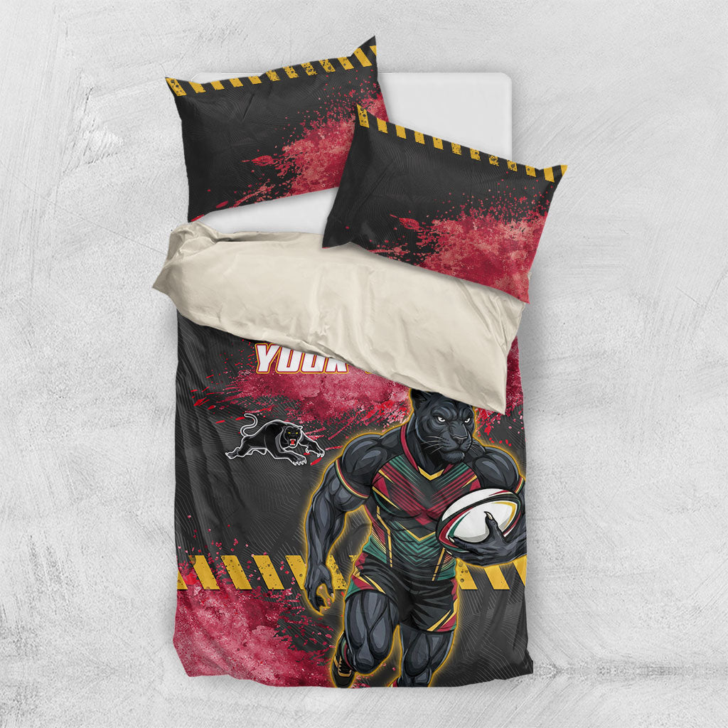 Personalised Penrith Panthers Rugby Bedding Set Black Panther Mascot - Sporty Splash Art Style