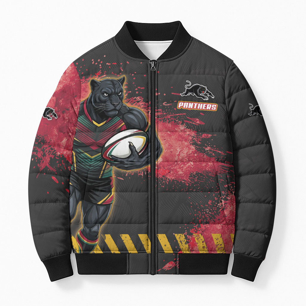 Personalised Penrith Panthers Rugby Bomber Puffer Jacket Black Panther Mascot - Sporty Splash Art Style
