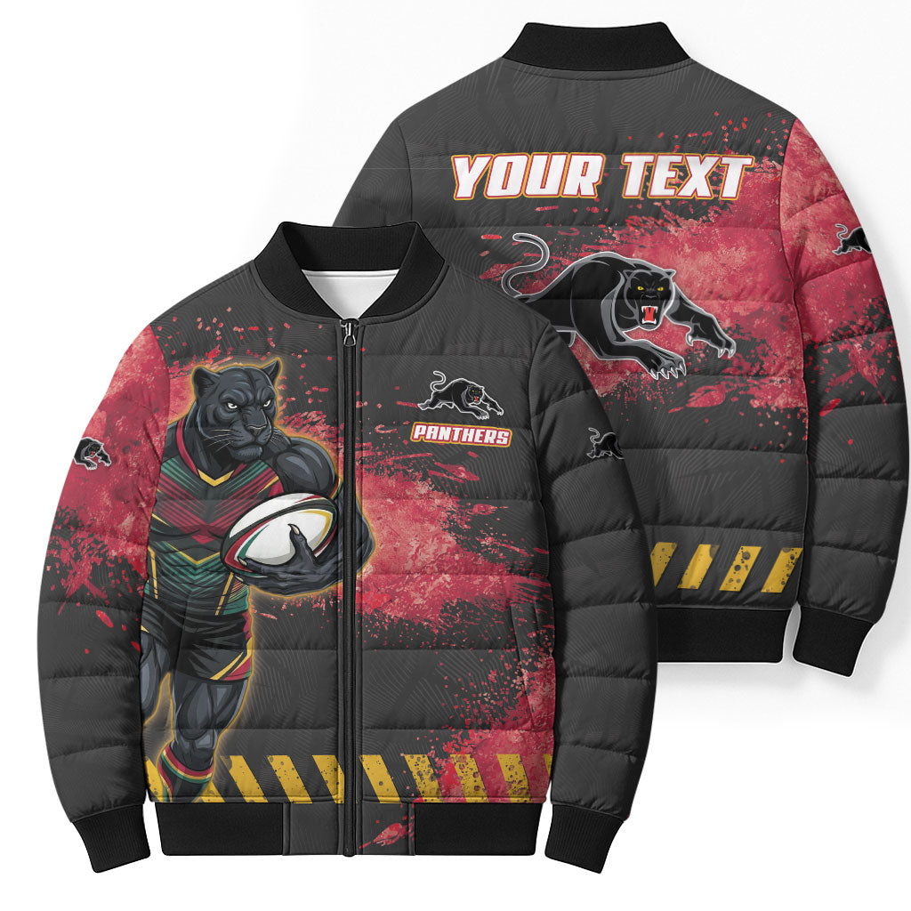 Personalised Penrith Panthers Rugby Bomber Puffer Jacket Black Panther Mascot - Sporty Splash Art Style