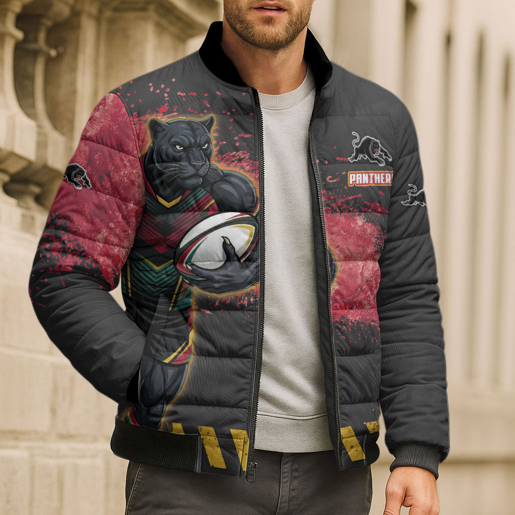 Personalised Penrith Panthers Rugby Bomber Puffer Jacket Black Panther Mascot - Sporty Splash Art Style
