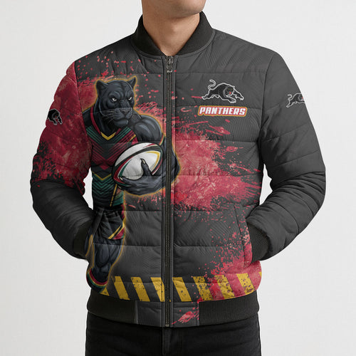 Personalised Penrith Panthers Rugby Bomber Puffer Jacket Black Panther Mascot - Sporty Splash Art Style