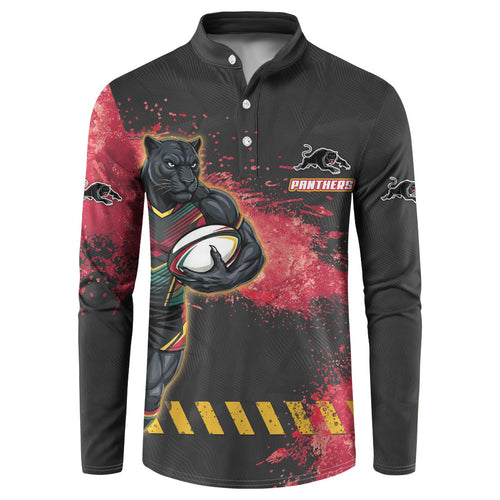 Personalised Penrith Panthers Rugby Button Sweatshirt Black Panther Mascot - Sporty Splash Art Style