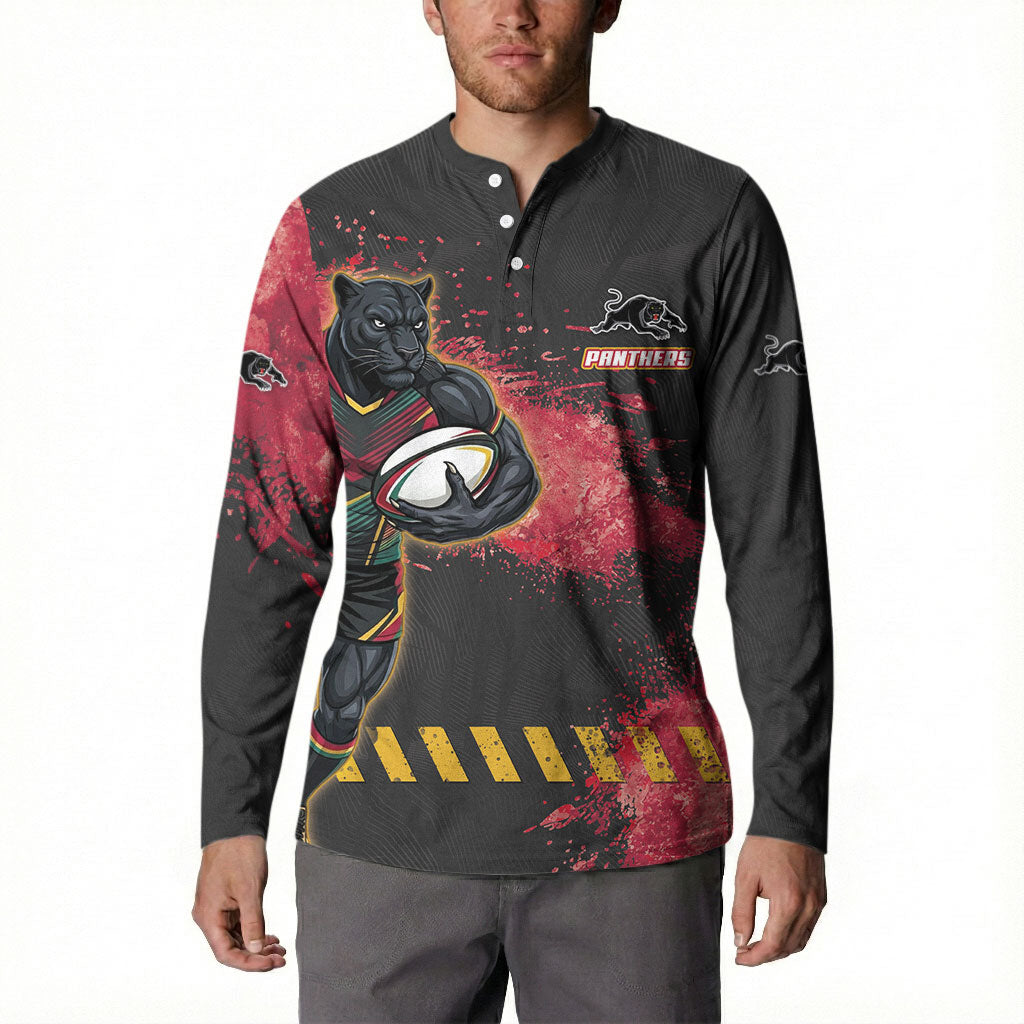 Personalised Penrith Panthers Rugby Button Sweatshirt Black Panther Mascot - Sporty Splash Art Style
