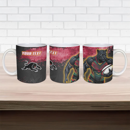 Personalised Penrith Panthers Rugby Ceramic Mug Black Panther Mascot - Sporty Splash Art Style