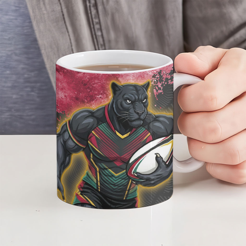 Personalised Penrith Panthers Rugby Ceramic Mug Black Panther Mascot - Sporty Splash Art Style
