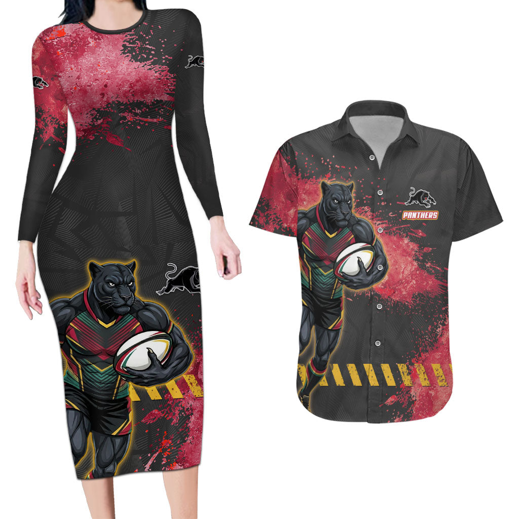 Personalised Penrith Panthers Rugby Couples Matching Long Sleeve Bodycon Dress and Hawaiian Shirt Black Panther Mascot - Sporty Splash Art Style