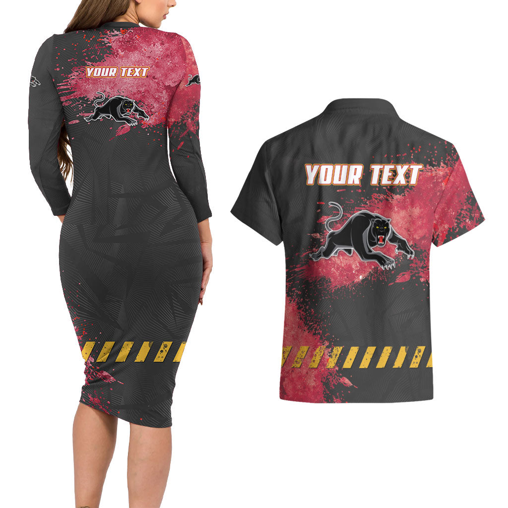Personalised Penrith Panthers Rugby Couples Matching Long Sleeve Bodycon Dress and Hawaiian Shirt Black Panther Mascot - Sporty Splash Art Style