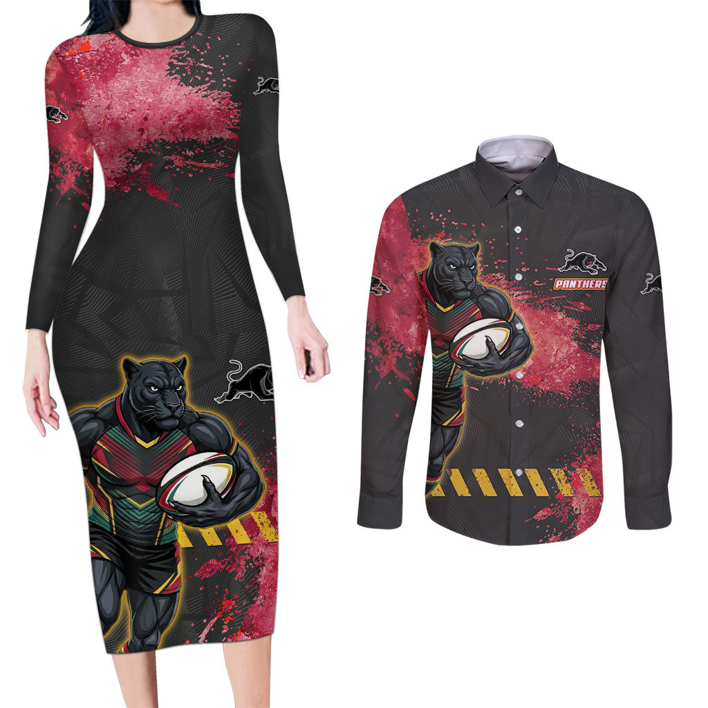 Personalised Penrith Panthers Rugby Couples Matching Long Sleeve Bodycon Dress and Long Sleeve Button Shirt Black Panther Mascot - Sporty Splash Art Style