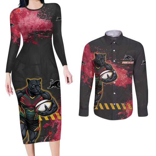Personalised Penrith Panthers Rugby Couples Matching Long Sleeve Bodycon Dress and Long Sleeve Button Shirt Black Panther Mascot - Sporty Splash Art Style