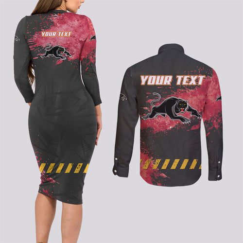 Personalised Penrith Panthers Rugby Couples Matching Long Sleeve Bodycon Dress and Long Sleeve Button Shirt Black Panther Mascot - Sporty Splash Art Style