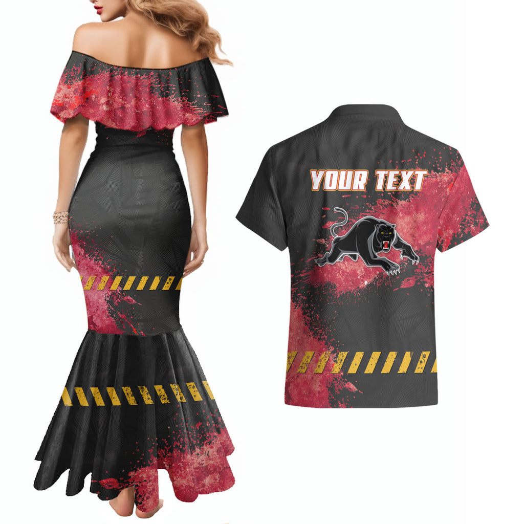 Personalised Penrith Panthers Rugby Couples Matching Mermaid Dress and Hawaiian Shirt Black Panther Mascot - Sporty Splash Art Style