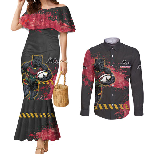 Personalised Penrith Panthers Rugby Couples Matching Mermaid Dress and Long Sleeve Button Shirt Black Panther Mascot - Sporty Splash Art Style