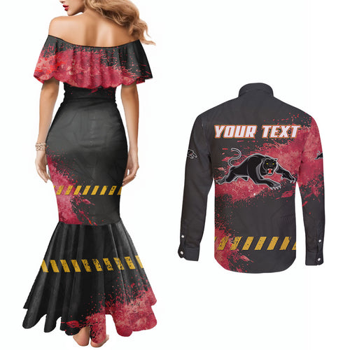 Personalised Penrith Panthers Rugby Couples Matching Mermaid Dress and Long Sleeve Button Shirt Black Panther Mascot - Sporty Splash Art Style