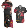 Personalised Penrith Panthers Rugby Couples Matching Off Shoulder Maxi Dress and Hawaiian Shirt Black Panther Mascot - Sporty Splash Art Style
