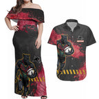 Personalised Penrith Panthers Rugby Couples Matching Off Shoulder Maxi Dress and Hawaiian Shirt Black Panther Mascot - Sporty Splash Art Style