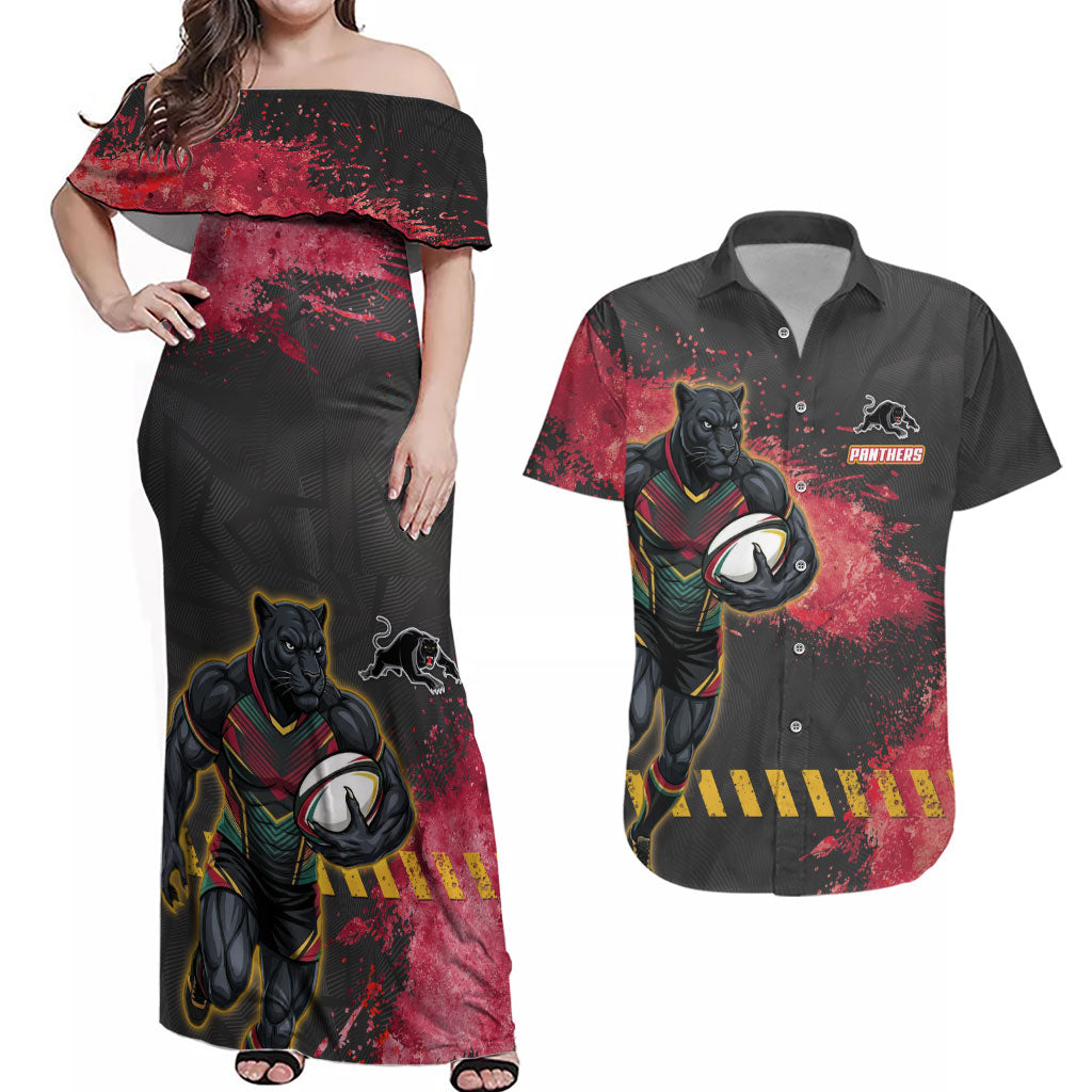 Personalised Penrith Panthers Rugby Couples Matching Off Shoulder Maxi Dress and Hawaiian Shirt Black Panther Mascot - Sporty Splash Art Style