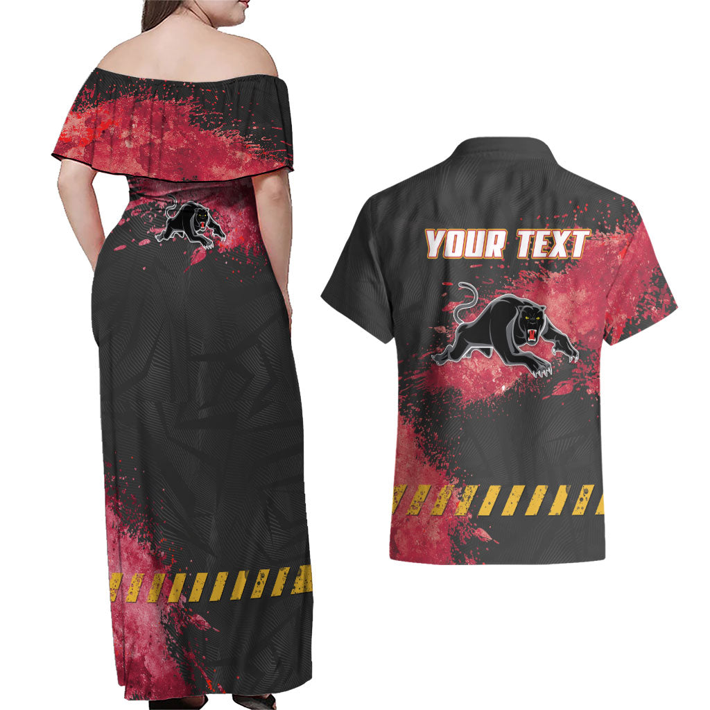 Personalised Penrith Panthers Rugby Couples Matching Off Shoulder Maxi Dress and Hawaiian Shirt Black Panther Mascot - Sporty Splash Art Style