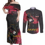 Personalised Penrith Panthers Rugby Couples Matching Off Shoulder Maxi Dress and Long Sleeve Button Shirt Black Panther Mascot - Sporty Splash Art Style