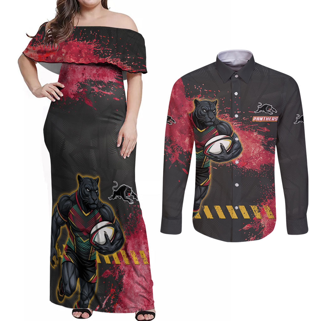 Personalised Penrith Panthers Rugby Couples Matching Off Shoulder Maxi Dress and Long Sleeve Button Shirt Black Panther Mascot - Sporty Splash Art Style