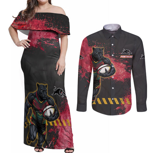 Personalised Penrith Panthers Rugby Couples Matching Off Shoulder Maxi Dress and Long Sleeve Button Shirt Black Panther Mascot - Sporty Splash Art Style