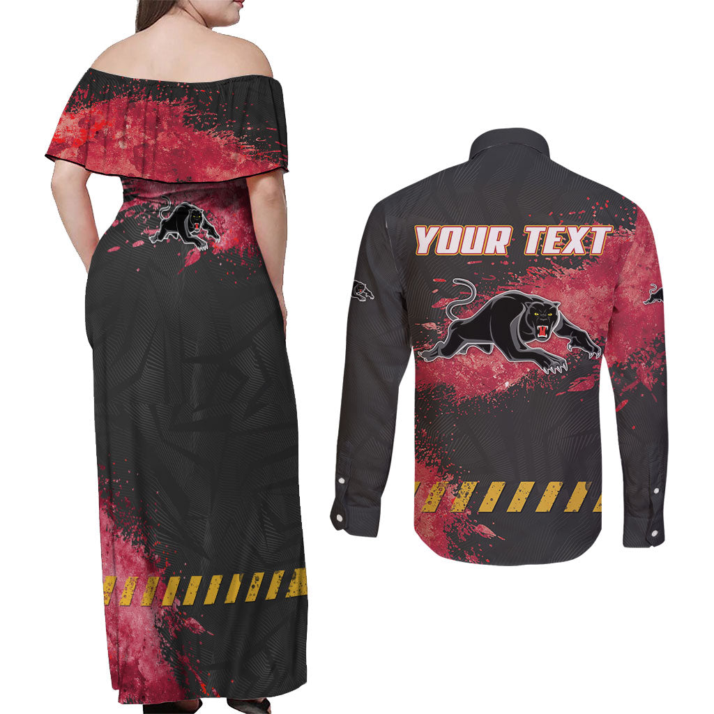 Personalised Penrith Panthers Rugby Couples Matching Off Shoulder Maxi Dress and Long Sleeve Button Shirt Black Panther Mascot - Sporty Splash Art Style