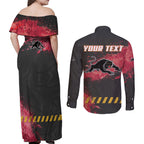 Personalised Penrith Panthers Rugby Couples Matching Off Shoulder Maxi Dress and Long Sleeve Button Shirt Black Panther Mascot - Sporty Splash Art Style