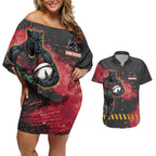 Personalised Penrith Panthers Rugby Couples Matching Off Shoulder Short Dress and Hawaiian Shirt Black Panther Mascot - Sporty Splash Art Style