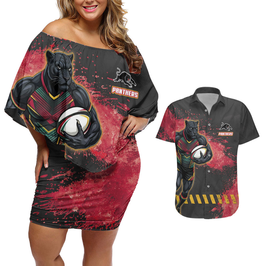 Personalised Penrith Panthers Rugby Couples Matching Off Shoulder Short Dress and Hawaiian Shirt Black Panther Mascot - Sporty Splash Art Style