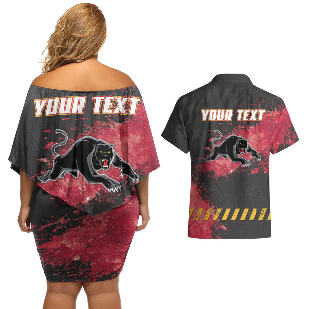Personalised Penrith Panthers Rugby Couples Matching Off Shoulder Short Dress and Hawaiian Shirt Black Panther Mascot - Sporty Splash Art Style