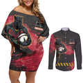 Personalised Penrith Panthers Rugby Couples Matching Off Shoulder Short Dress and Long Sleeve Button Shirt Black Panther Mascot - Sporty Splash Art Style