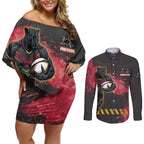 Personalised Penrith Panthers Rugby Couples Matching Off Shoulder Short Dress and Long Sleeve Button Shirt Black Panther Mascot - Sporty Splash Art Style
