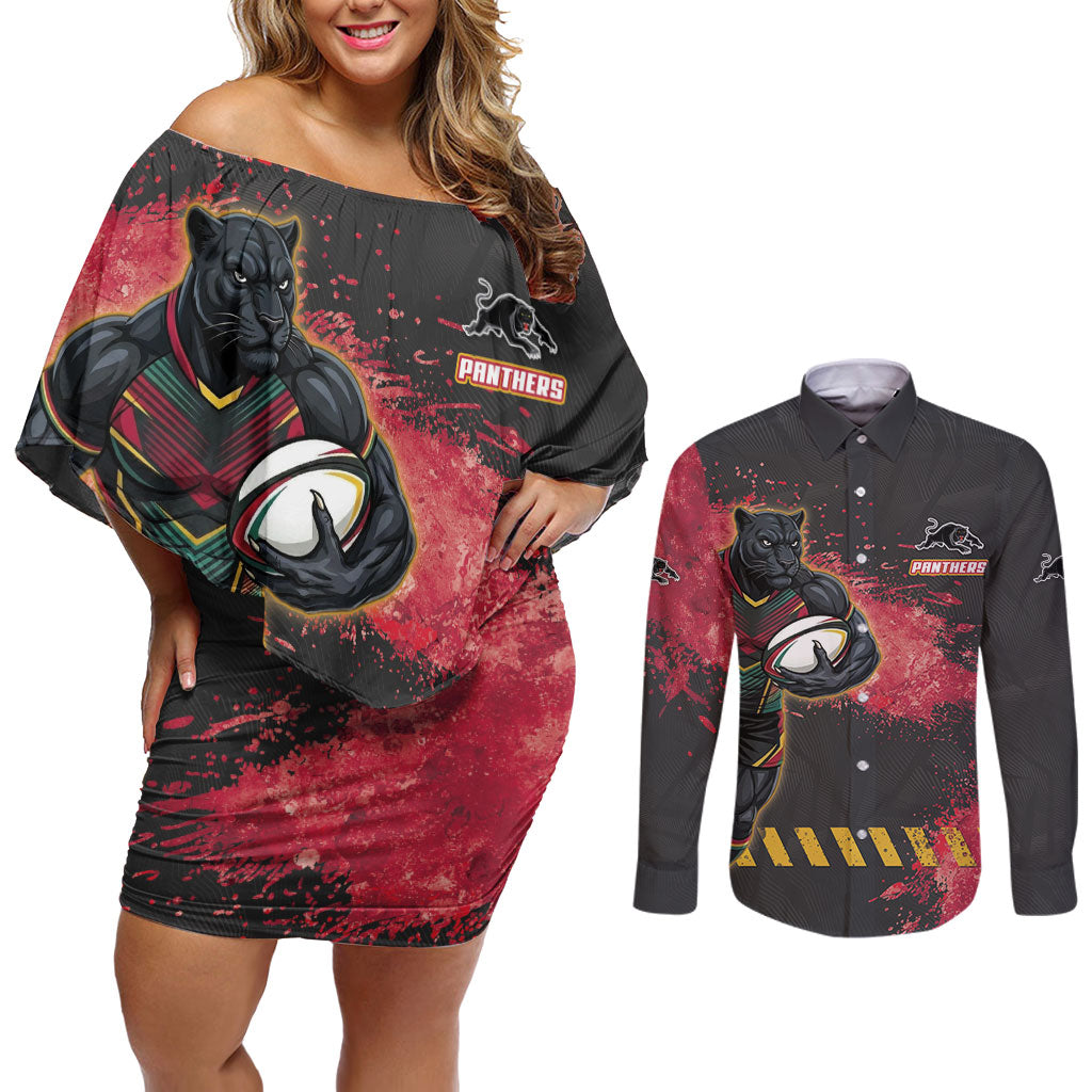 Personalised Penrith Panthers Rugby Couples Matching Off Shoulder Short Dress and Long Sleeve Button Shirt Black Panther Mascot - Sporty Splash Art Style