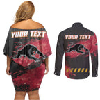 Personalised Penrith Panthers Rugby Couples Matching Off Shoulder Short Dress and Long Sleeve Button Shirt Black Panther Mascot - Sporty Splash Art Style
