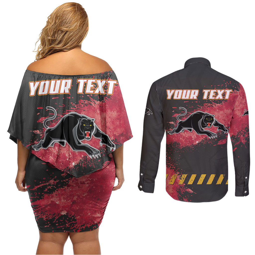 Personalised Penrith Panthers Rugby Couples Matching Off Shoulder Short Dress and Long Sleeve Button Shirt Black Panther Mascot - Sporty Splash Art Style