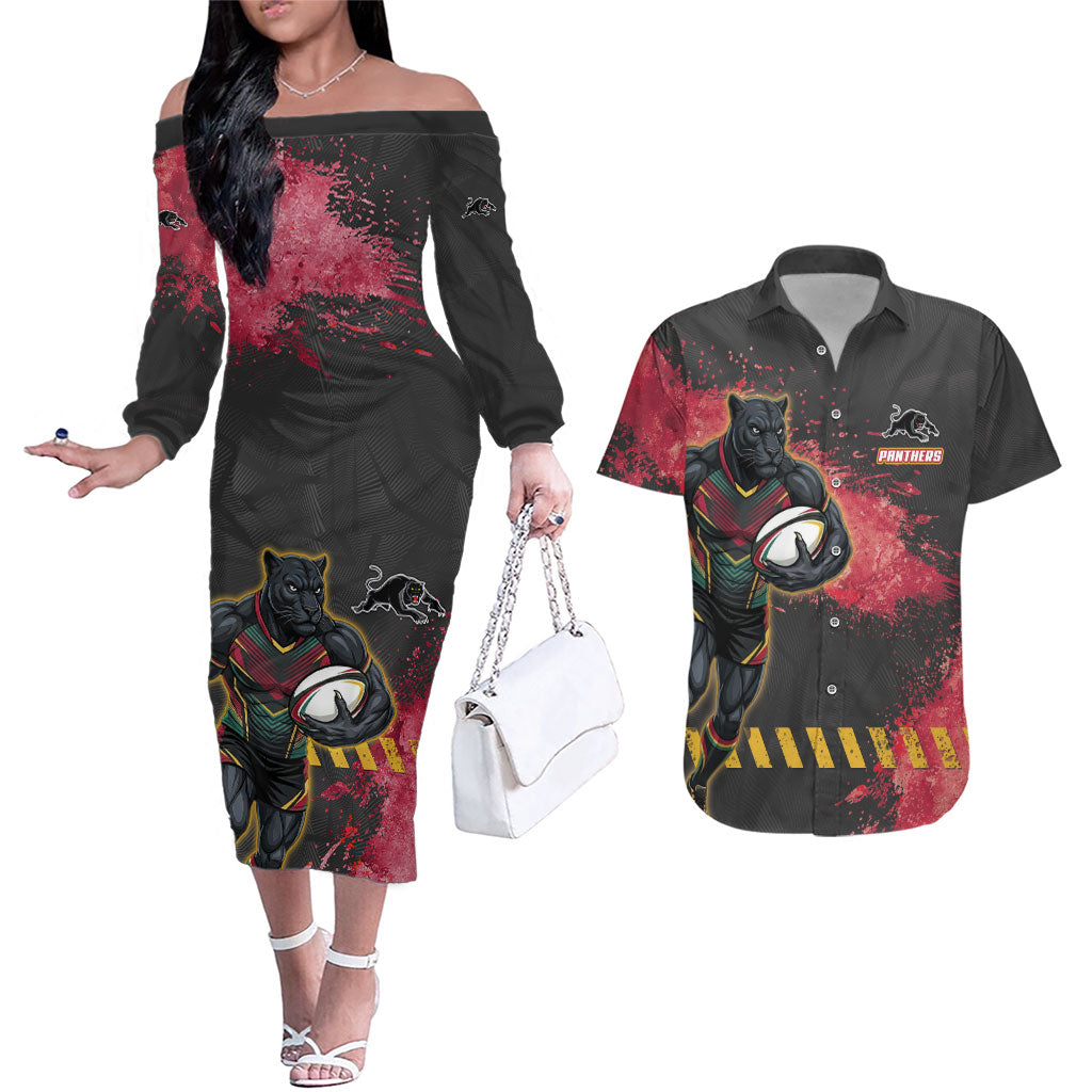Personalised Penrith Panthers Rugby Couples Matching Off The Shoulder Long Sleeve Dress and Hawaiian Shirt Black Panther Mascot - Sporty Splash Art Style