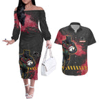 Personalised Penrith Panthers Rugby Couples Matching Off The Shoulder Long Sleeve Dress and Hawaiian Shirt Black Panther Mascot - Sporty Splash Art Style