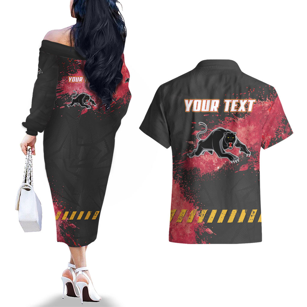 Personalised Penrith Panthers Rugby Couples Matching Off The Shoulder Long Sleeve Dress and Hawaiian Shirt Black Panther Mascot - Sporty Splash Art Style
