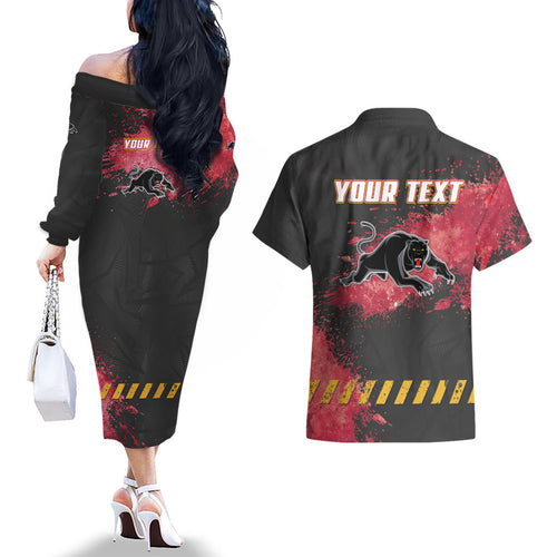 Personalised Penrith Panthers Rugby Couples Matching Off The Shoulder Long Sleeve Dress and Hawaiian Shirt Black Panther Mascot - Sporty Splash Art Style