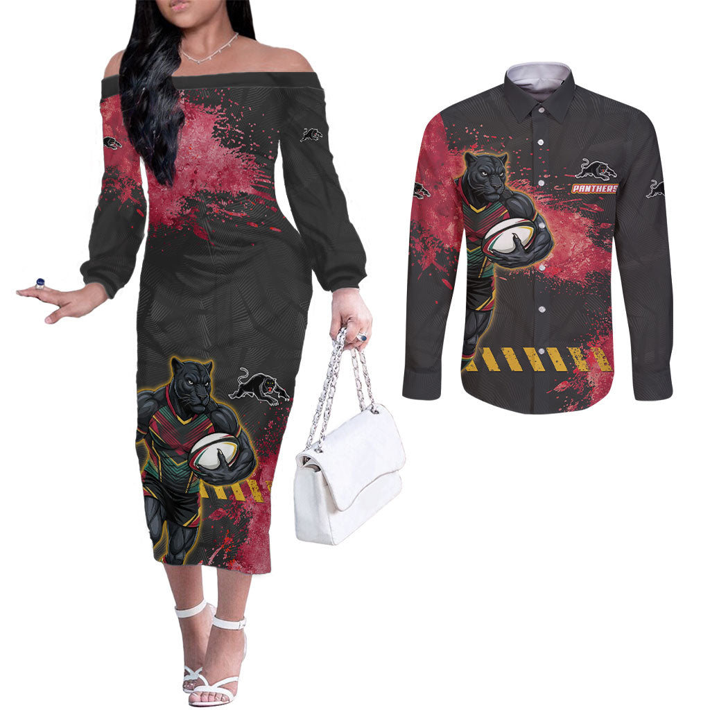 Personalised Penrith Panthers Rugby Couples Matching Off The Shoulder Long Sleeve Dress and Long Sleeve Button Shirt Black Panther Mascot - Sporty Splash Art Style