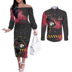 Personalised Penrith Panthers Rugby Couples Matching Off The Shoulder Long Sleeve Dress and Long Sleeve Button Shirt Black Panther Mascot - Sporty Splash Art Style