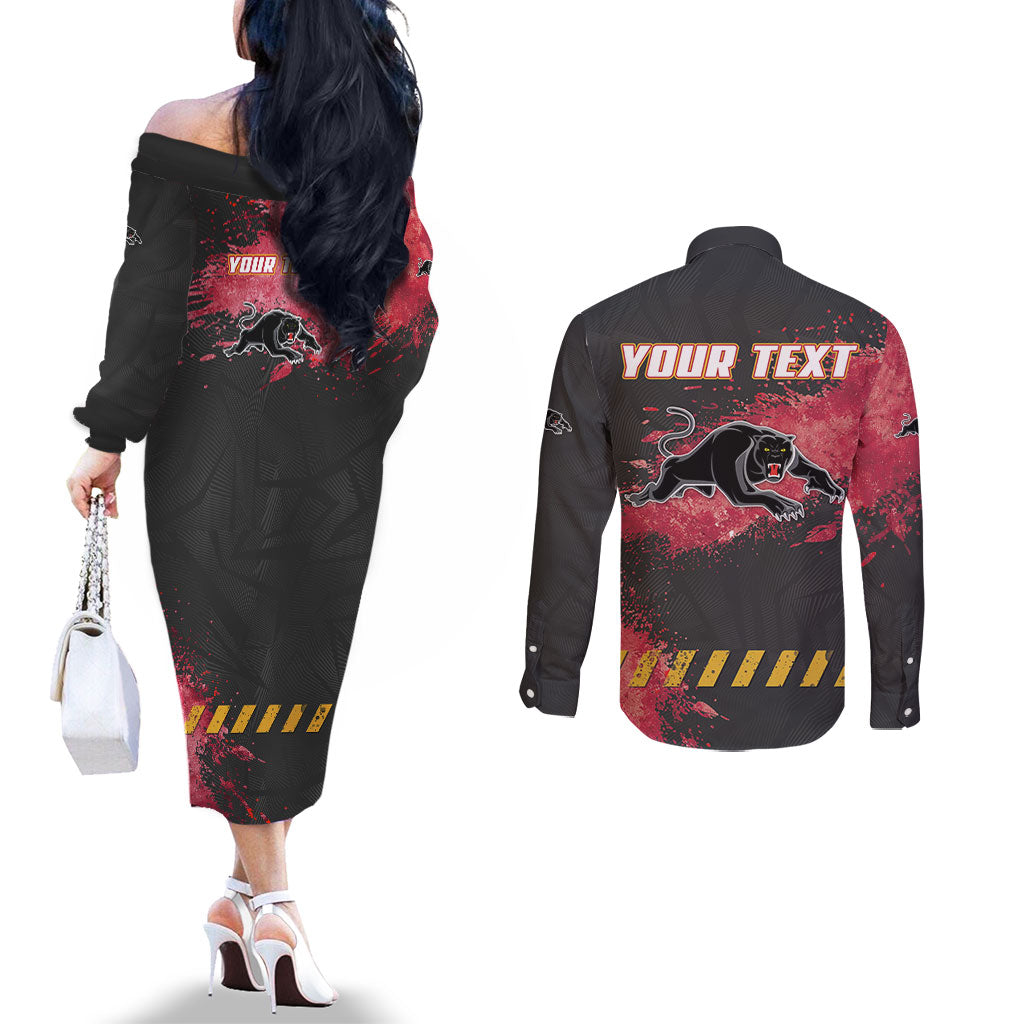 Personalised Penrith Panthers Rugby Couples Matching Off The Shoulder Long Sleeve Dress and Long Sleeve Button Shirt Black Panther Mascot - Sporty Splash Art Style