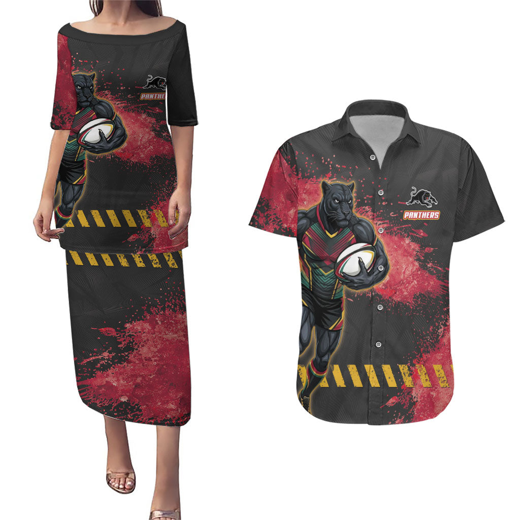 Personalised Penrith Panthers Rugby Couples Matching Puletasi and Hawaiian Shirt Black Panther Mascot - Sporty Splash Art Style