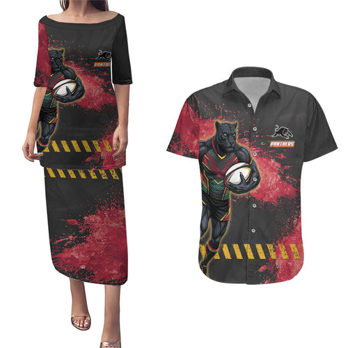 Personalised Penrith Panthers Rugby Couples Matching Puletasi and Hawaiian Shirt Black Panther Mascot - Sporty Splash Art Style