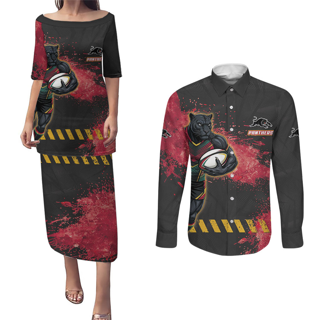 Personalised Penrith Panthers Rugby Couples Matching Puletasi and Long Sleeve Button Shirt Black Panther Mascot - Sporty Splash Art Style