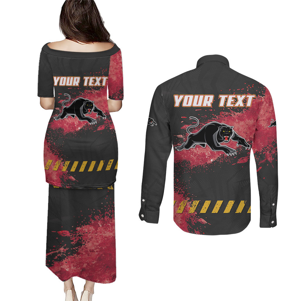 Personalised Penrith Panthers Rugby Couples Matching Puletasi and Long Sleeve Button Shirt Black Panther Mascot - Sporty Splash Art Style