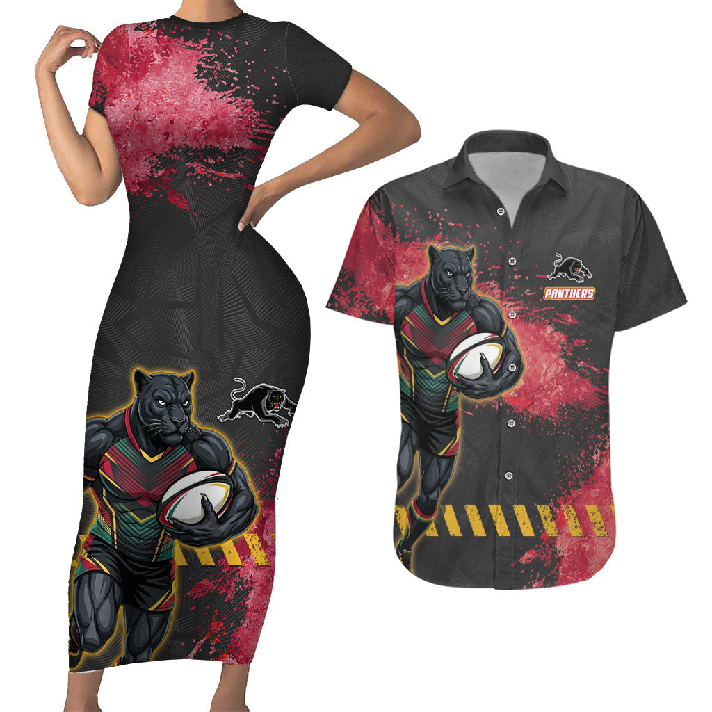 Personalised Penrith Panthers Rugby Couples Matching Short Sleeve Bodycon Dress and Hawaiian Shirt Black Panther Mascot - Sporty Splash Art Style