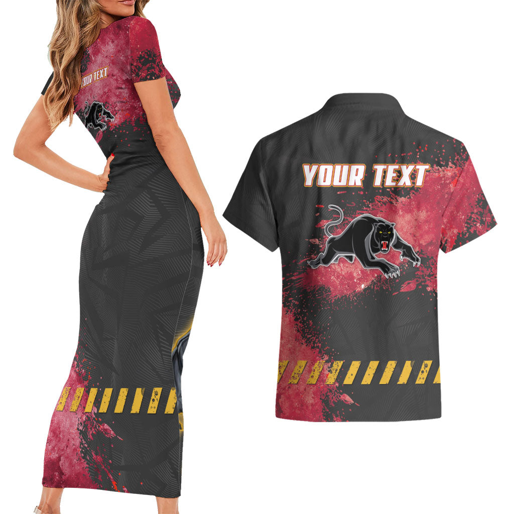 Personalised Penrith Panthers Rugby Couples Matching Short Sleeve Bodycon Dress and Hawaiian Shirt Black Panther Mascot - Sporty Splash Art Style